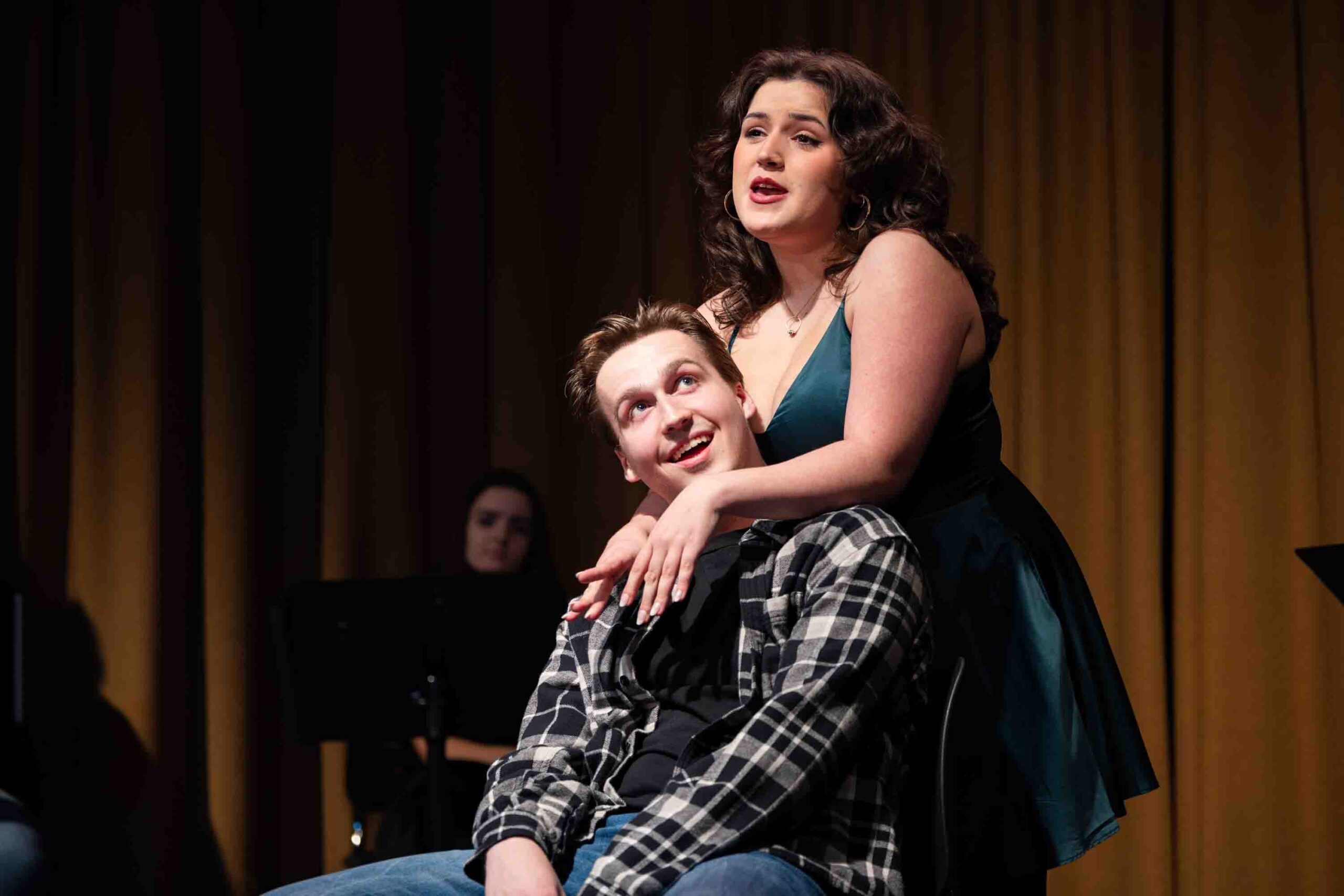 From left to right, Reed Grayner and Emily Koubeck play Jon and Susan respectively in Black Box Player's performance of Tick, Tick... BOOM! on Nov. 20, 2025. The two sing the 2nd musical number, 