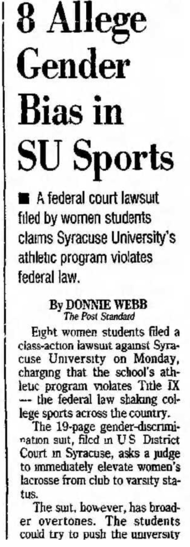 Newspaper clipping: 8 Allege Gender Bias in SU Sports