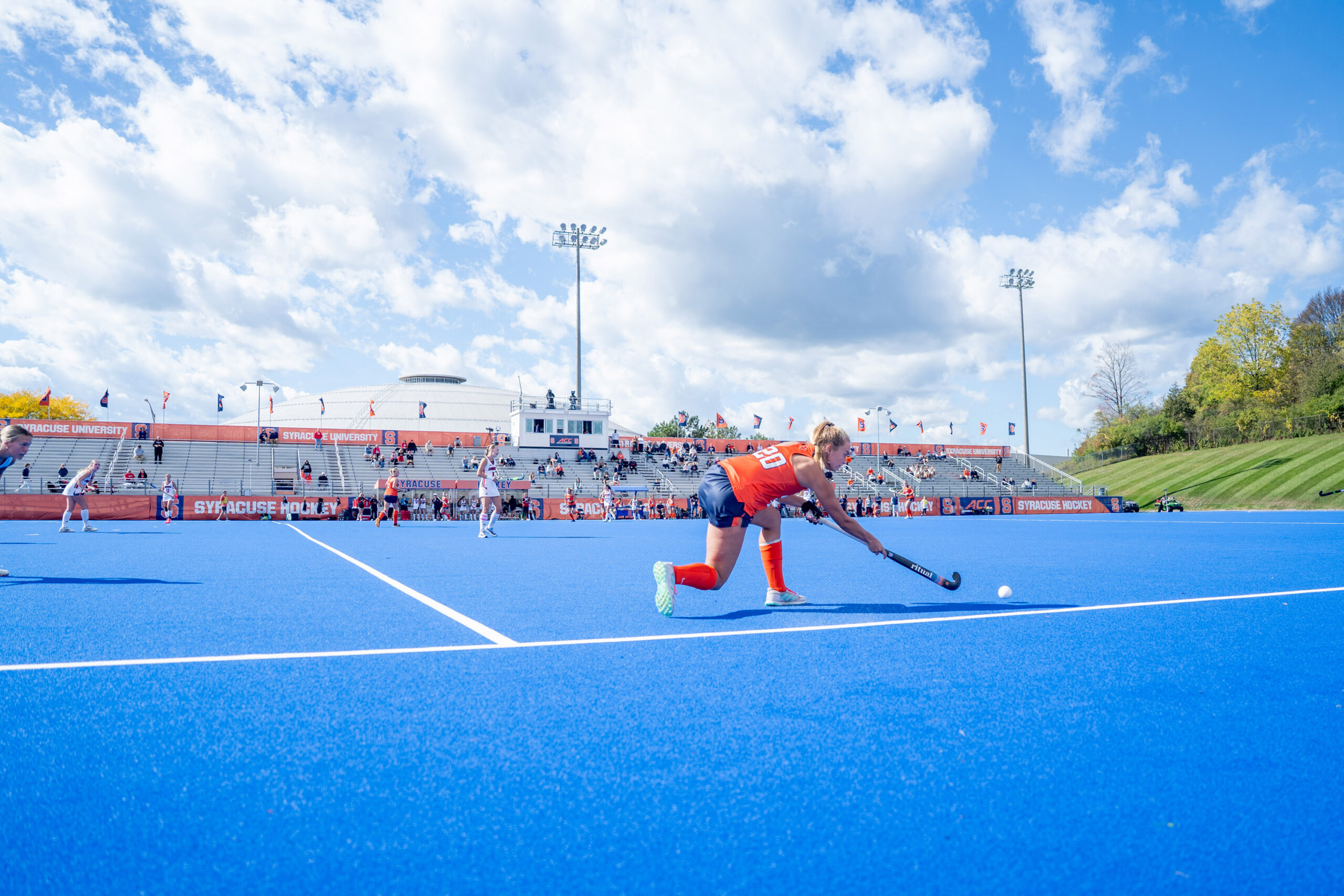 Syracuse midfielder Karsin Beatty sends the ball up the field against Louisville on Friday, October 9, 2026, at the J.S Coyne Stadium.