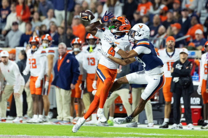 Chase Geter #4 of the Syracuse Orange breaks up a pass intended for Da'shawn Martin #18 of the Virginia Cavaliers in the first half during a game at Scott Stadium on October 10, 2026 in Charlottesville, Virginia. (Photo by Ryan M. Kelly/Getty Images)
