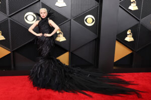 Lady Gaga in a black dress made by feathers attends the 68th GRAMMY Awards at Crypto.com Arena on February 01, 2026 in Los Angeles, California.