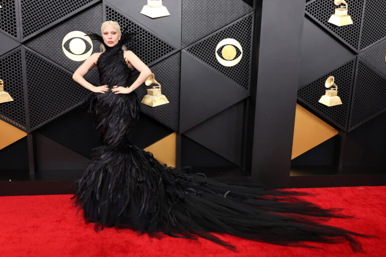 Lady Gaga in a black dress made by feathers attends the 68th GRAMMY Awards at Crypto.com Arena on February 01, 2026 in Los Angeles, California.