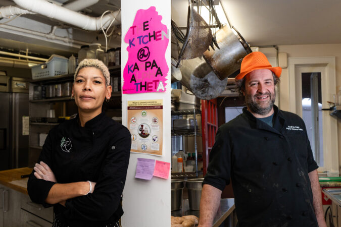 Chef Kiki Murriel of Kappa Alpha Theta house (left) and chef Andrew Field of Alpha Gamma Delta house stand in their respective kitchens.