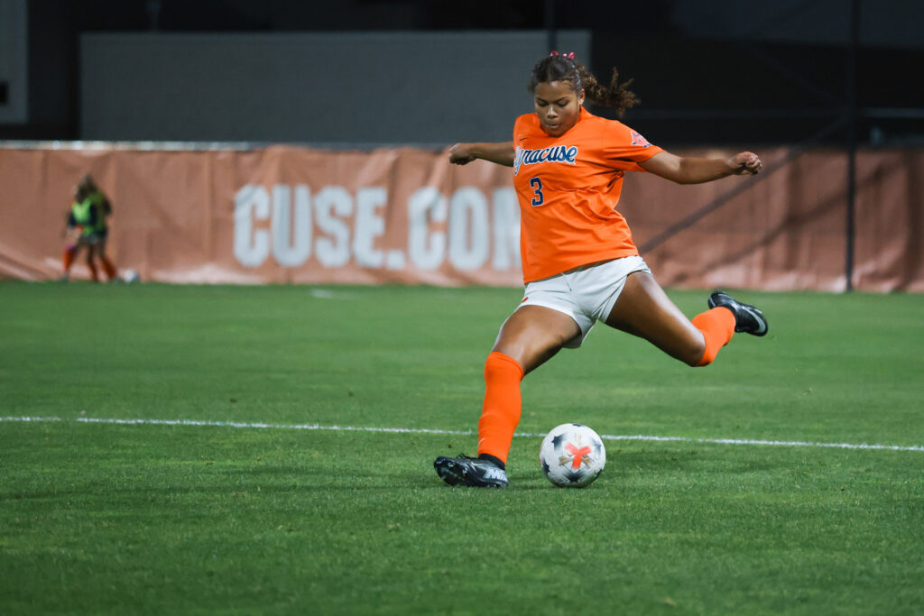 Junior defender Jasmine Nixon kicks the ball during Syracuse women's soccer vs. Miami on Thursday, Oct. 29, 2026, at SU Soccer Stadium.