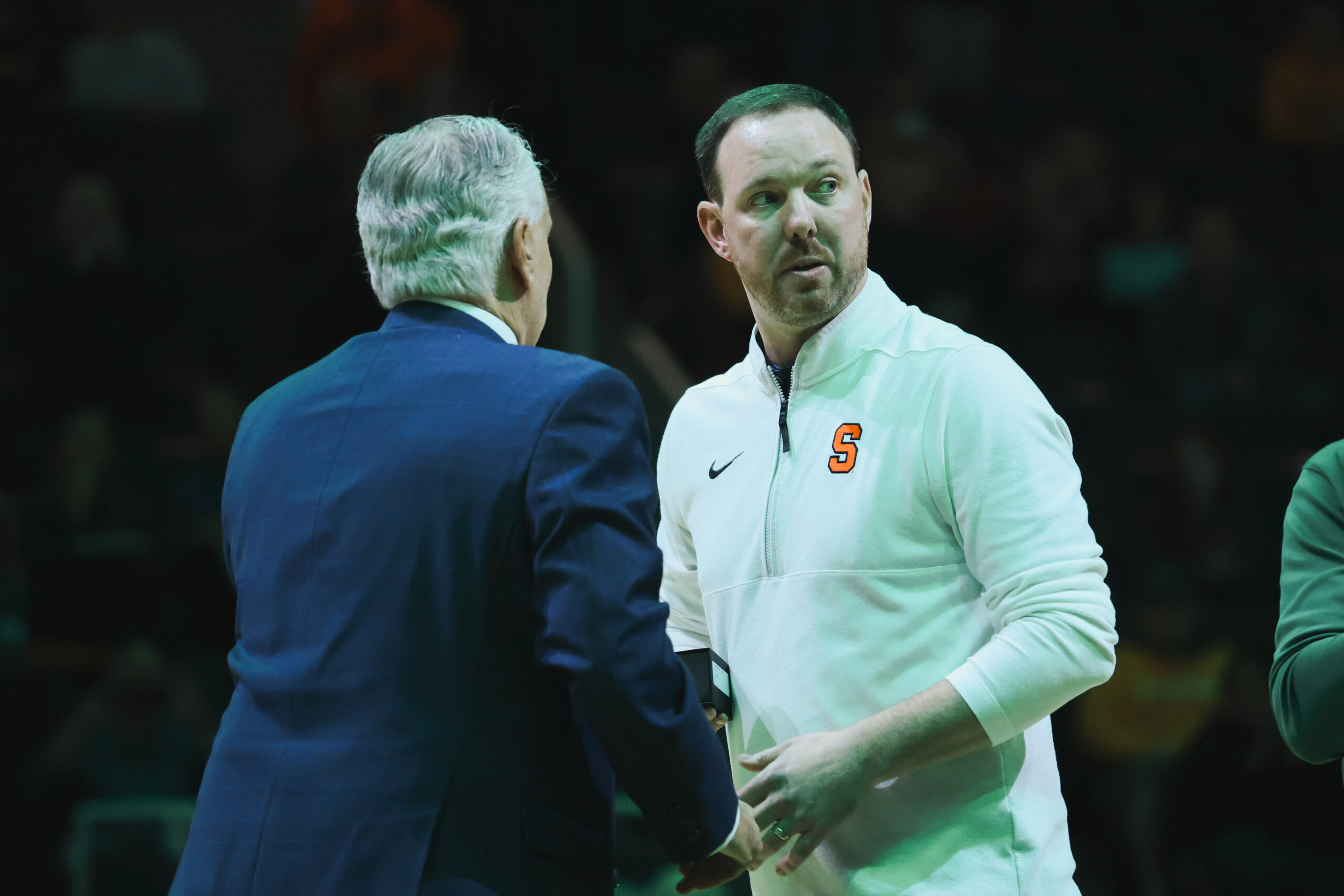 Siena Saints recognize former head coach Gerry McNamara during Syracuse men's basketball against Siena on Sunday, Oct. 18, 2026, at MVP Arena in Albany, New York.