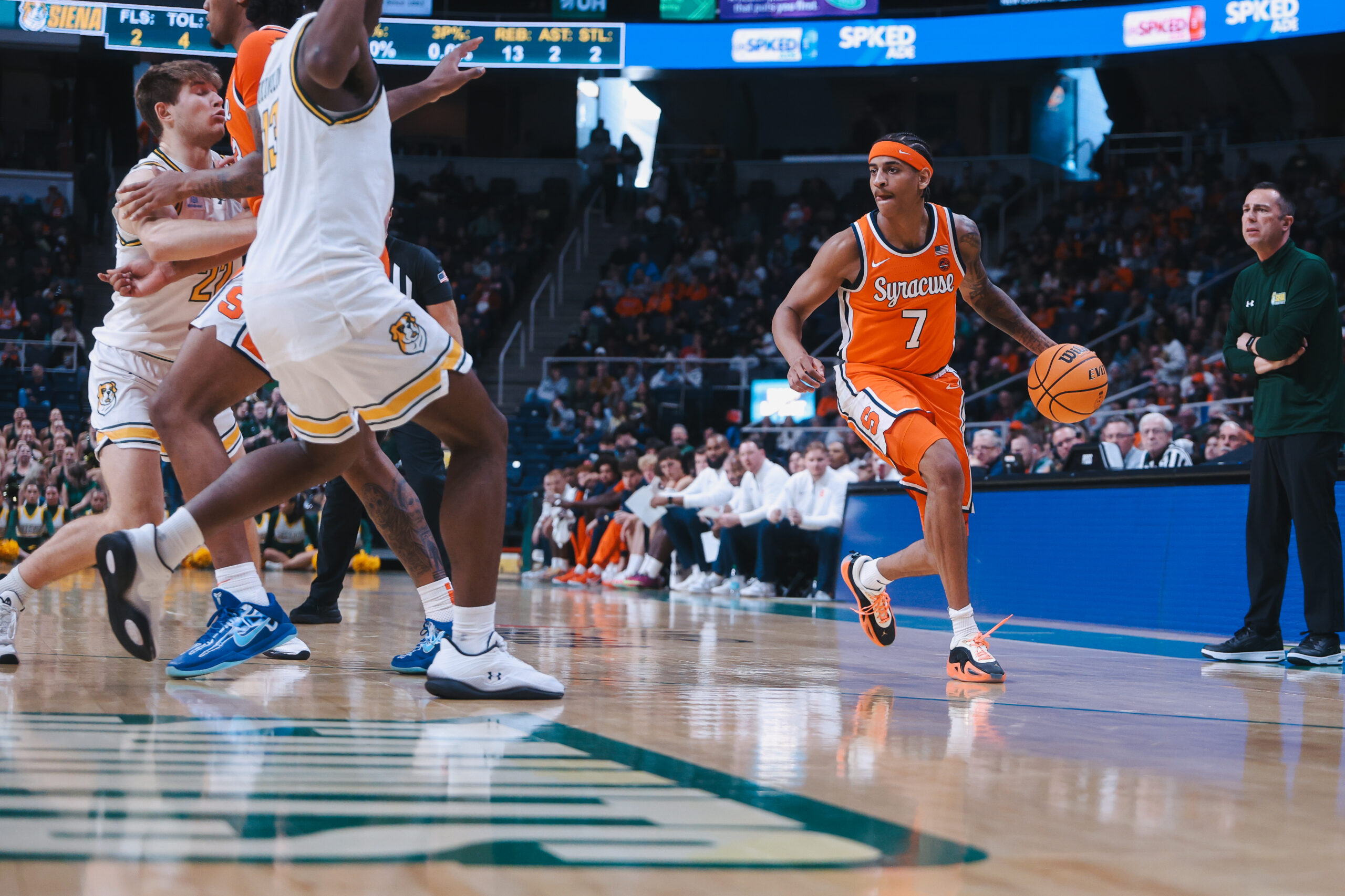 Kiyan Anthony dribbles up the court during Syracuse men's basketball against Siena on Sunday, Oct. 18, 2026, at MVP Arena in Albany, New York.