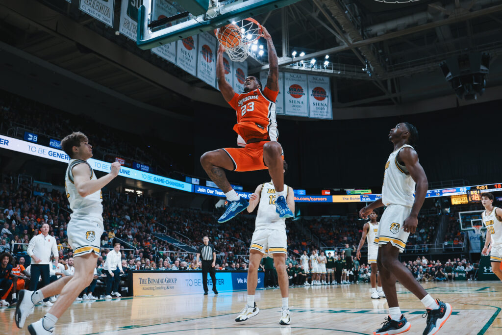 Luke Wilson dunking in the fourth quarter during Syracuse men's basketball against Siena on Sunday, Oct. 18, 2026, at MVP Arena in Albany, New York.