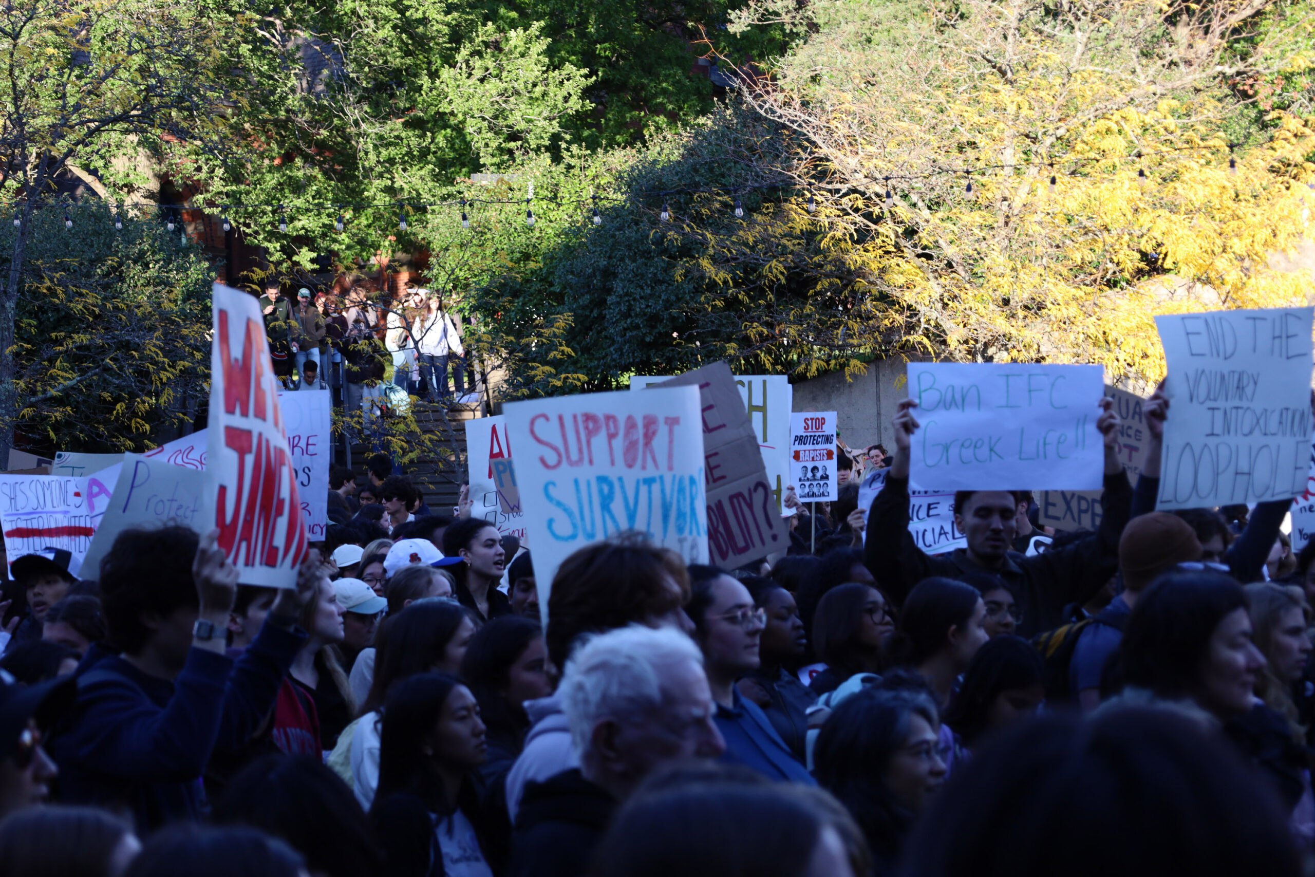 Hundreds marched across Cornell University's campus on Oct. 5, 2026, to protest the administration's handling of a 2024 gang rape alleged at Chi Phi fraternity house.