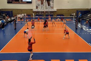 SMU outside hitter Suli Davis serves to an awaiting Syracuse volleyball team late in the third set of the teams' Oct. 2 match.