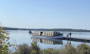 The replica Seneca Chief Erie Canal boat arriving in Syracuse at Onondaga Lake Park