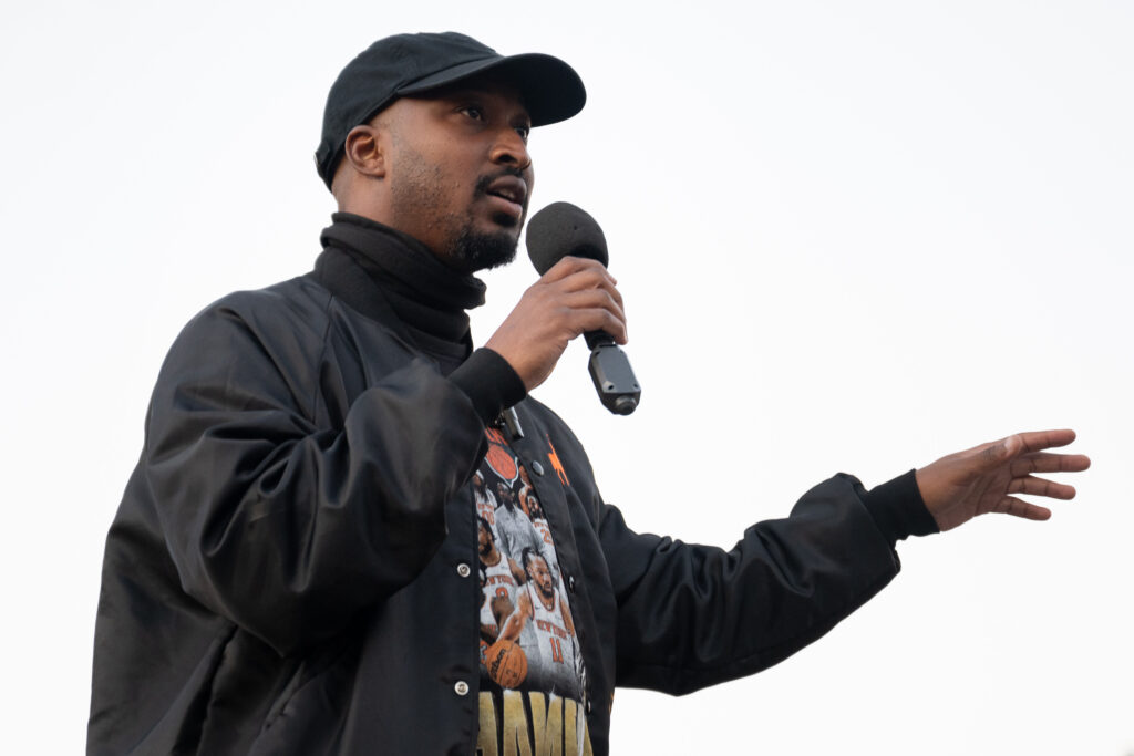 A speaker addresses protesters during an anti-Trump demonstration at Clinton Square in Syracuse, N.Y., on Oct. 9, 2026.