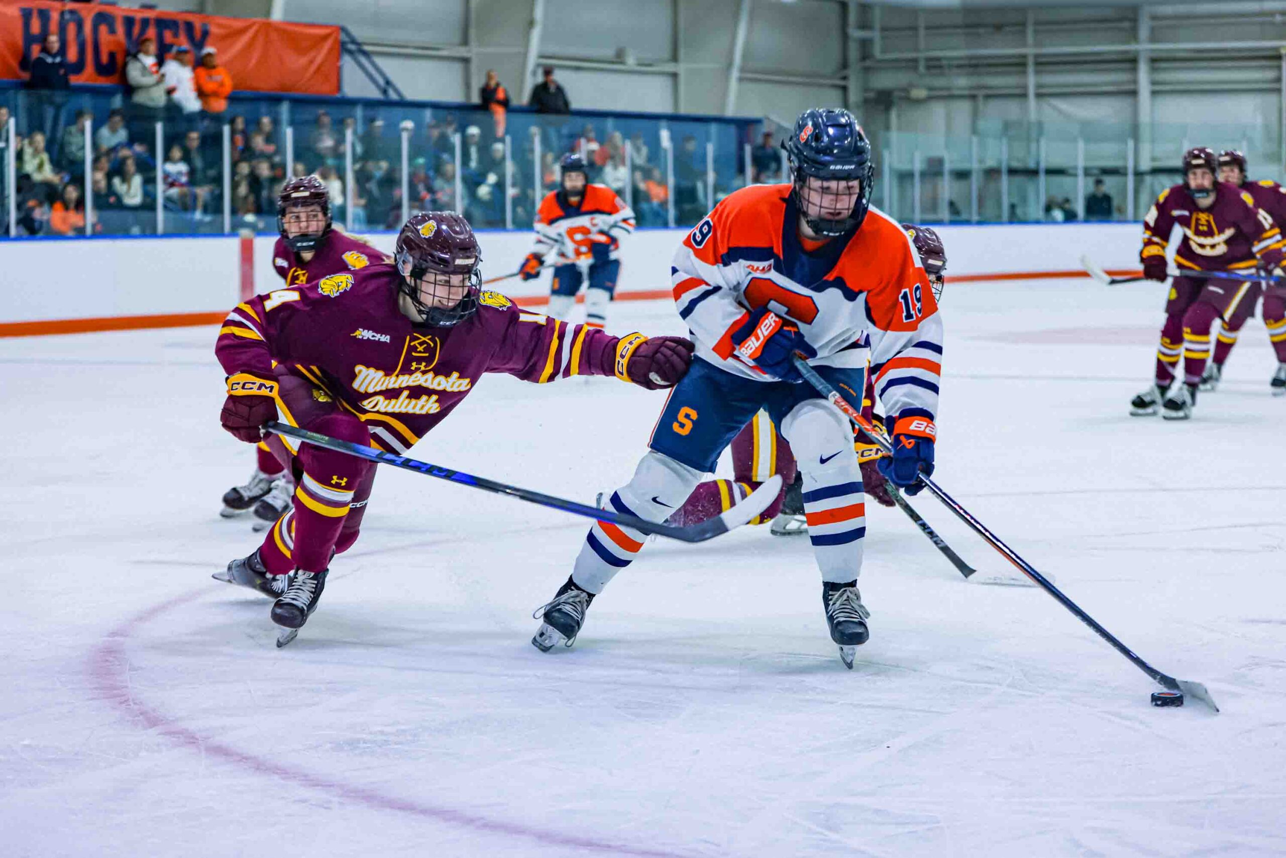 The Syracuse University Women's Hockey team faced off against the University of Minnesota Deluth on Friday, September, 26, 2025. Sophomore Rylee McLeod had possesion of the puck in the first period of the game.