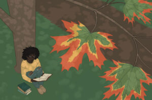 A colored drawing of a person in a yellow sweater leaning against a tree trunk with a stack of books beside them, staring up at the leaves changing colors.