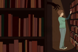 An illustration of a person in a green shirt and jeans standing in a dark library reaching for a book as a clawed hand from the shadows reaches out towards them.