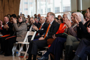 Current SU Chancellor Kent Syverud is applauded at the new chancellor announcement ceremony at the National Veterans Resource Center on Tuesday, March 3, 2026. (Photo by Jack Henry / Newhouse School)