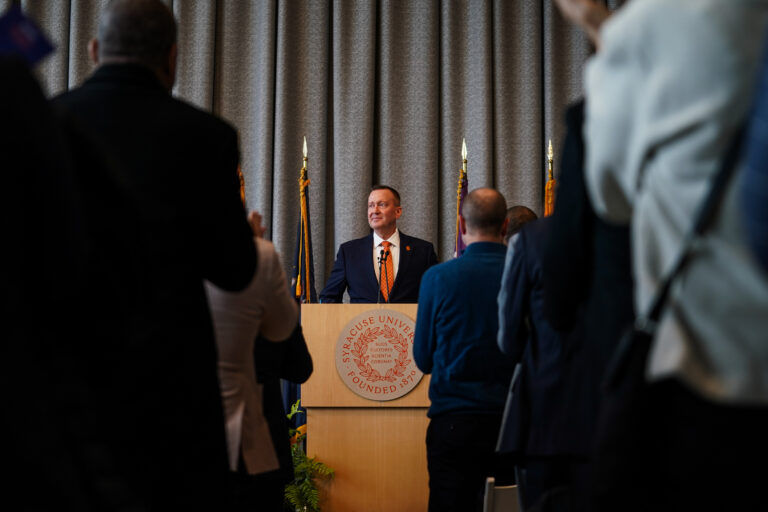 New Chancellor Elect J. Michael Haynie receives a standing ovation at the new chancellor announcement ceremony at the National Veterans Resource Center on Tuesday, March 3, 2026. (Photo by Jack Henry / Newhouse School)