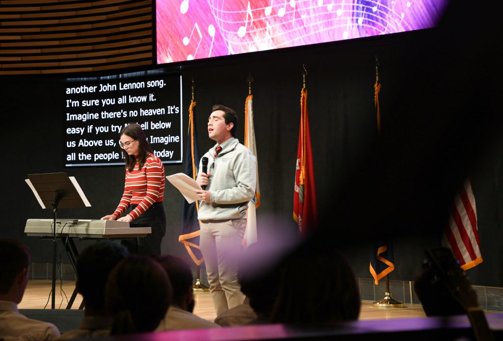 essica Hallock (left) and Remembrance Scholar Josh Myers (right) with a emotional performance of John Lennon's famous