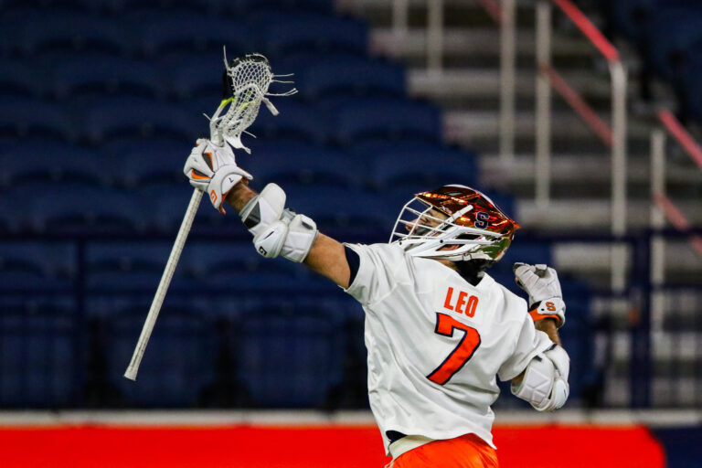 Syracuse midfielder Michael Leo celebrates after a goal against Maryland at the JMA Wireless Dome on Friday. Feb. 13.