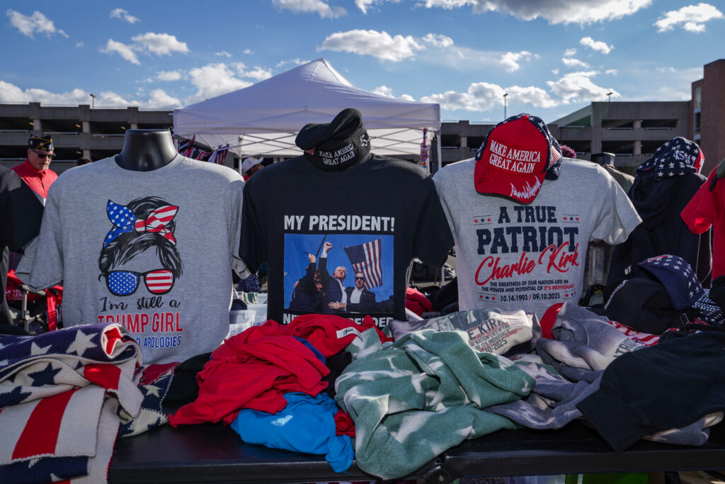Trump merchandise is sold outside of the Oncenter on Friday, Oct. 9, 2026.