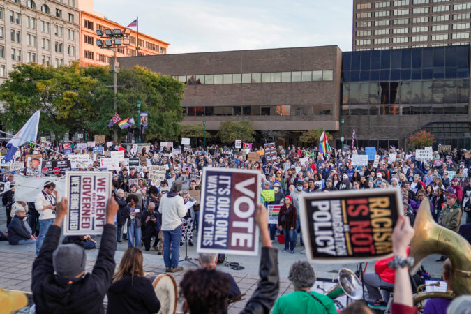 Anti-Trump protesters gather during Trump's rally at the Oncenter to protest his visit to Syracuse at Clinton Square on Friday, Oct. 9, 2026.