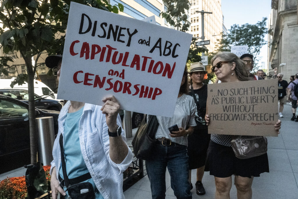 Activists Demonstrate Against ABC's Decision To Suspend Late Night Host Jimmy Kimmel Over Comments About Charlie Kirk Shooting