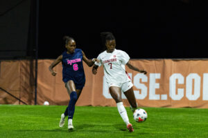 Syracuse forward Farrah Stephens-Martin attacking the ball against Stanford on Thursday, Oct. 8, 2026, at SU Soccer Stadium.