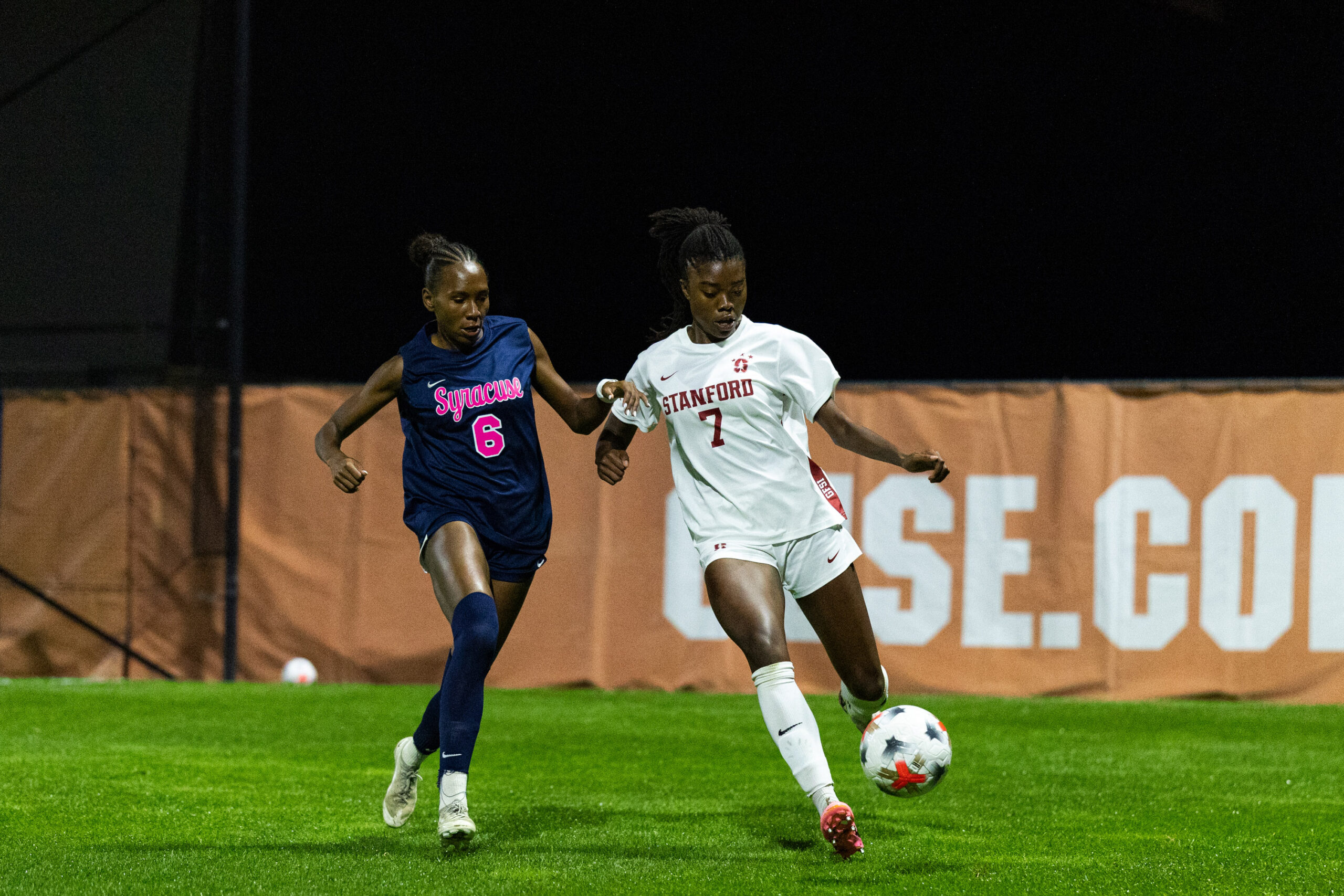 Syracuse forward Farrah Stephens-Martin attacking the ball against Stanford on Thursday, Oct. 8, 2026, at SU Soccer Stadium.