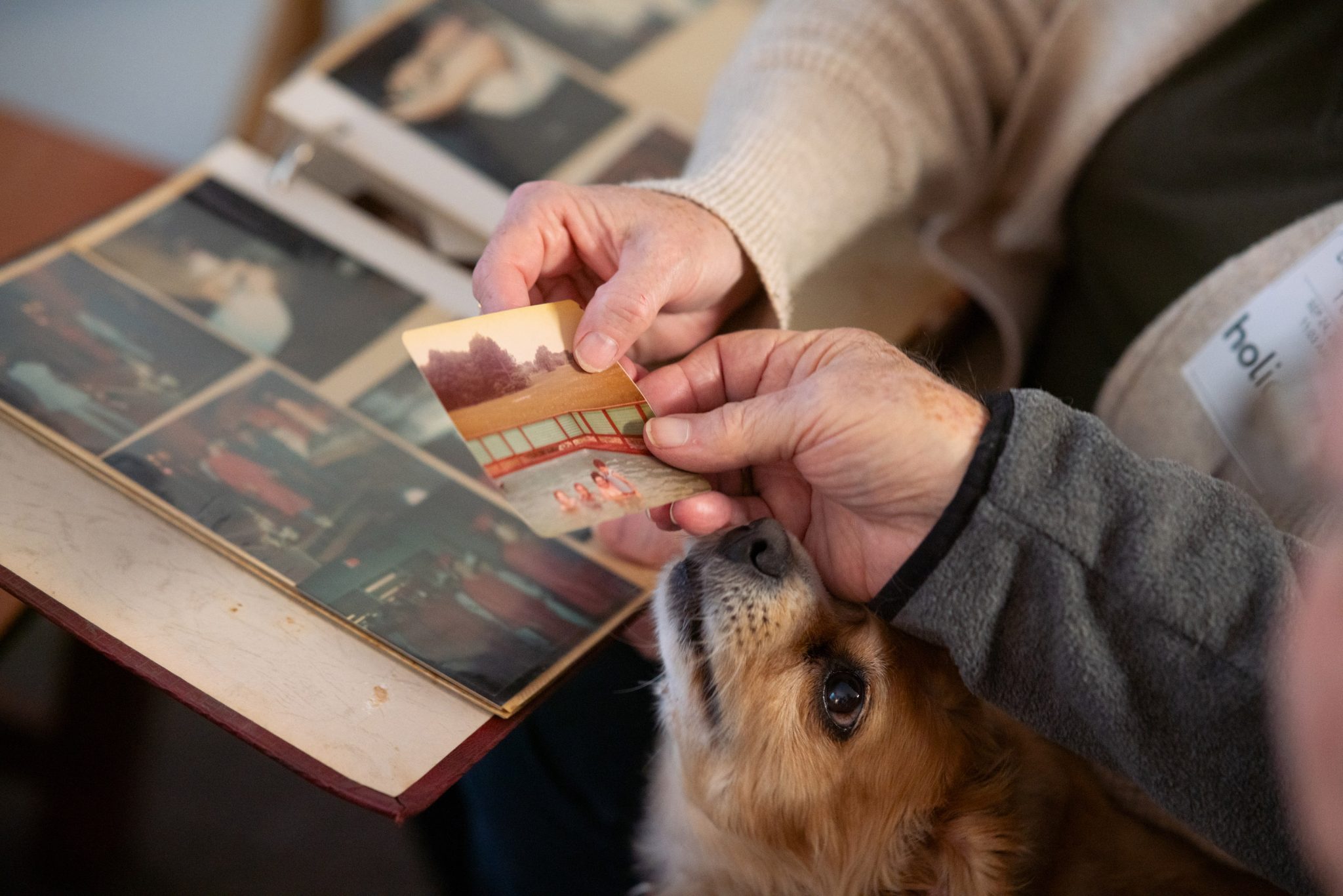 dog Shadow nudges in while Debbie asks her father if and what he remembers about the images, and will explain them if he doesn’t know.