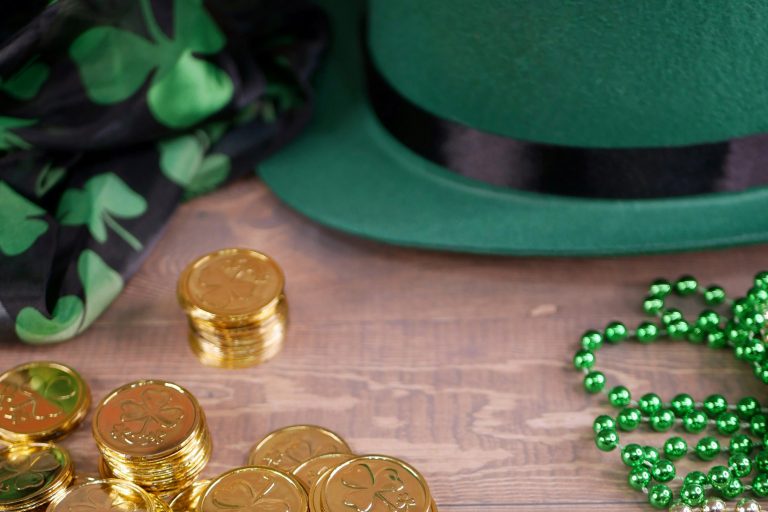 St. Patrick's Day gold coins, hat, beads, scarf