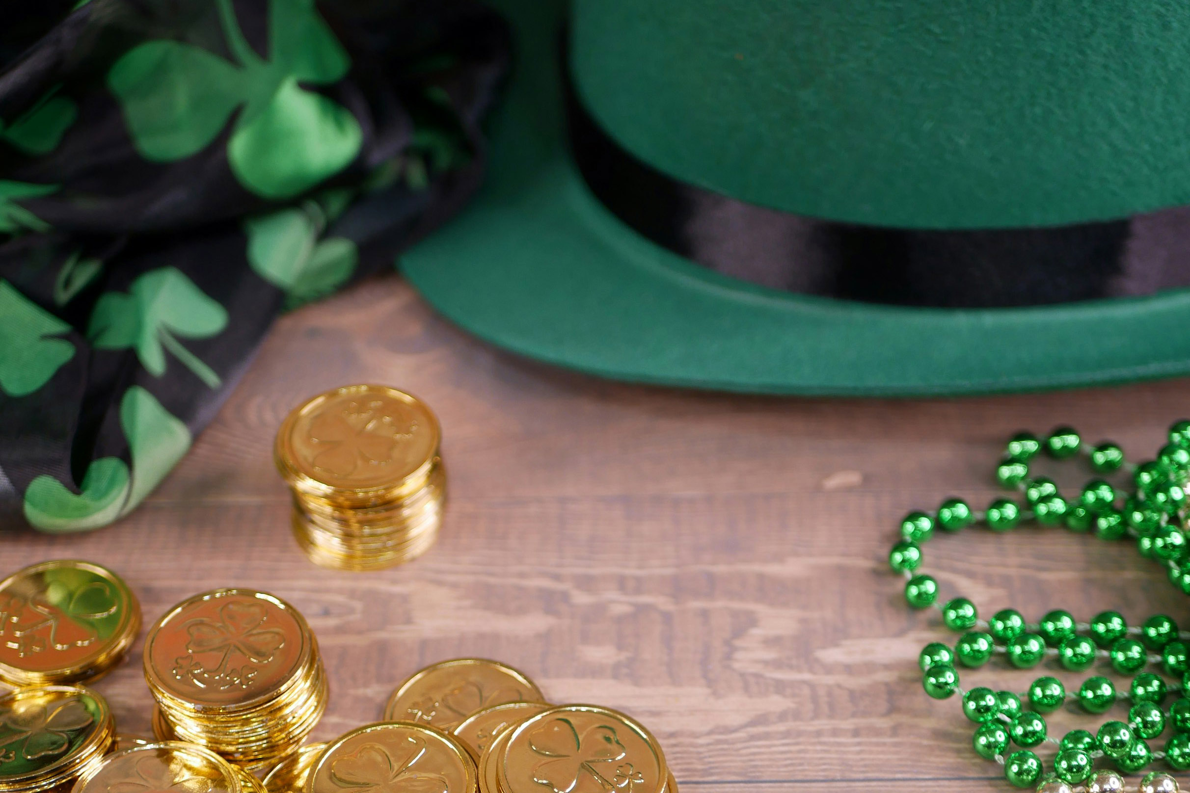 St. Patrick's Day gold coins, hat, beads, scarf