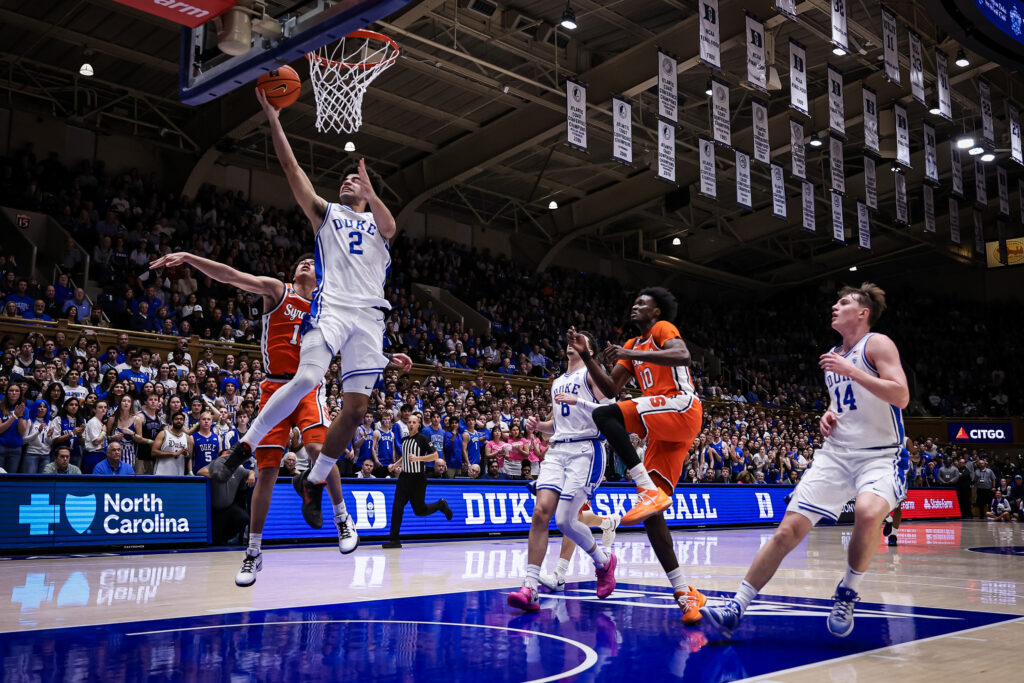 Cayden Boozer #2 of the Duke Blue Devils lays the ball up during the second half of the basketball game against the Syracuse Orange at Cameron Indoor Stadium on February 16, 2026 in Durham, North Carolina.