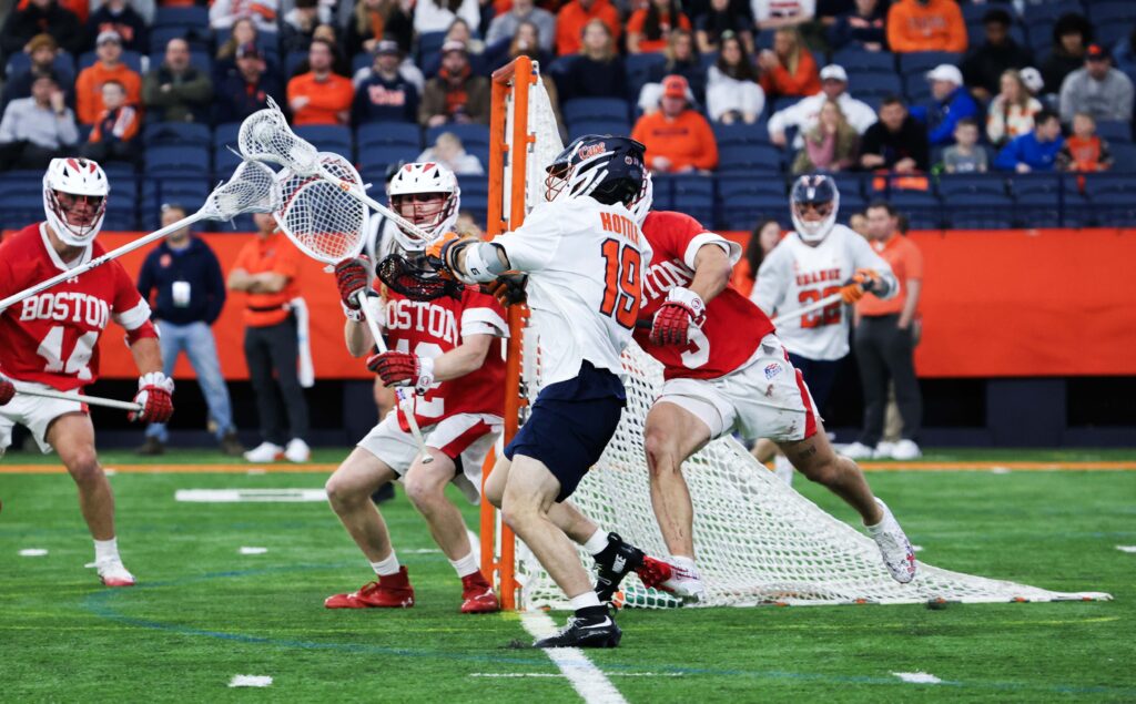 Syracuse junior midfielder Wyatt Hottle takes a shot on Boston on Sunday, Feb. 1, 2026, at the JMA Wireless Dome in Syracuse, New York.
