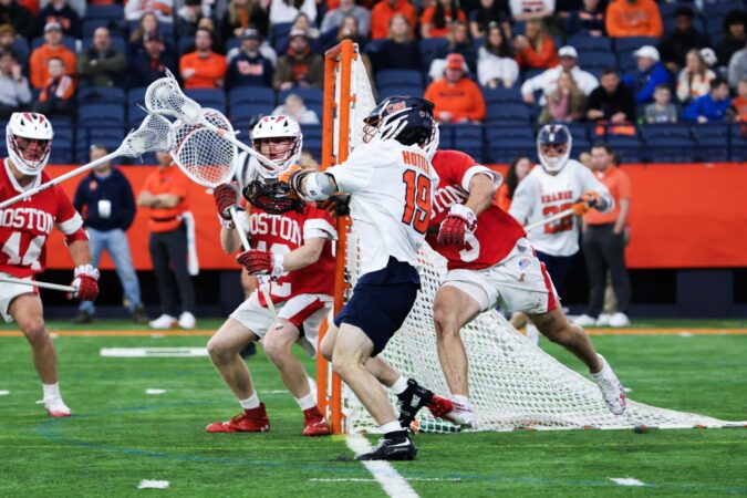 Syracuse junior midfielder Wyatt Hottle takes a shot on Boston on Sunday, Feb. 1, 2026, at the JMA Wireless Dome in Syracuse, New York.