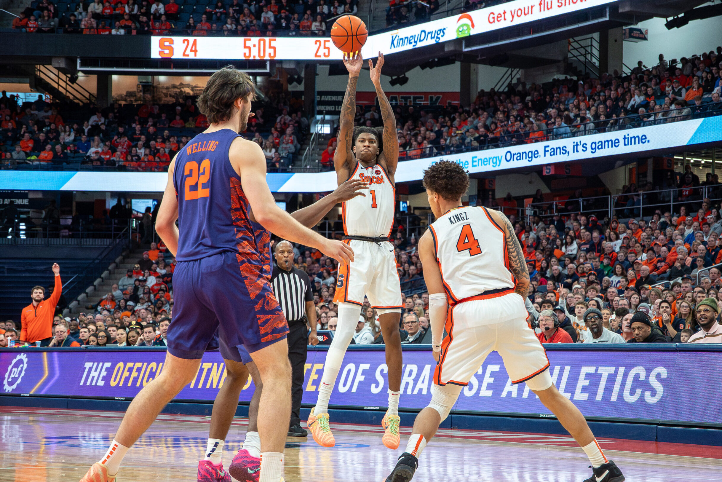 Syracuse forward Donnie Freeman squares up for a three against Clemson in the ACC home opener on Wednesday, Dec. 31, 2025, at the JMA Wireless Dome.