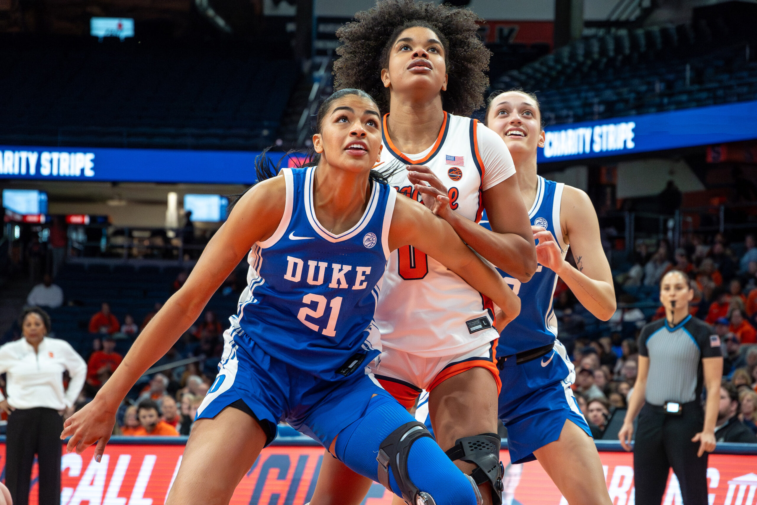 Syracuse forward Aurora Almon battles with Duke center Arianna Roberson for a rebound on Sunday, Dec. 28, 2025, at the JMA Wireless Dome.
