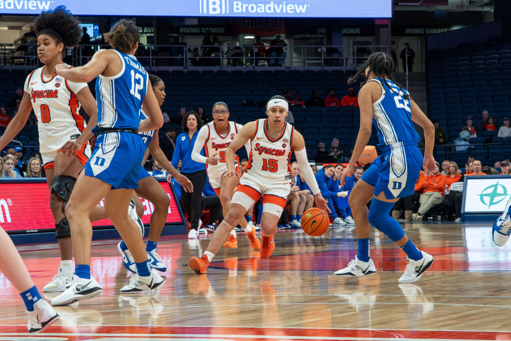 Syracuse guard Angelica Velez looks for an open gap against a tough Duke defense at the JMA Wireless Dome on Sunday, Dec. 28, 2025.