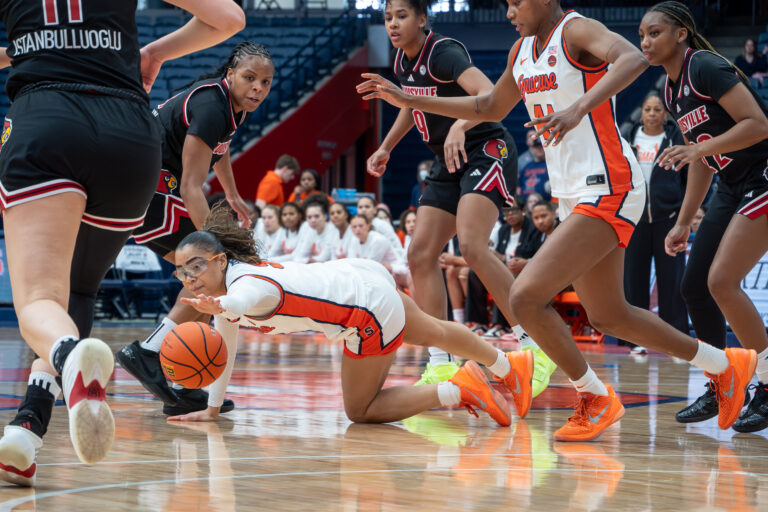 Syracuse guard Laila Phelia reaches for a loose ball against Louisville on Sunday, Feb 8, 2026, at the JMA Wireless Dome.