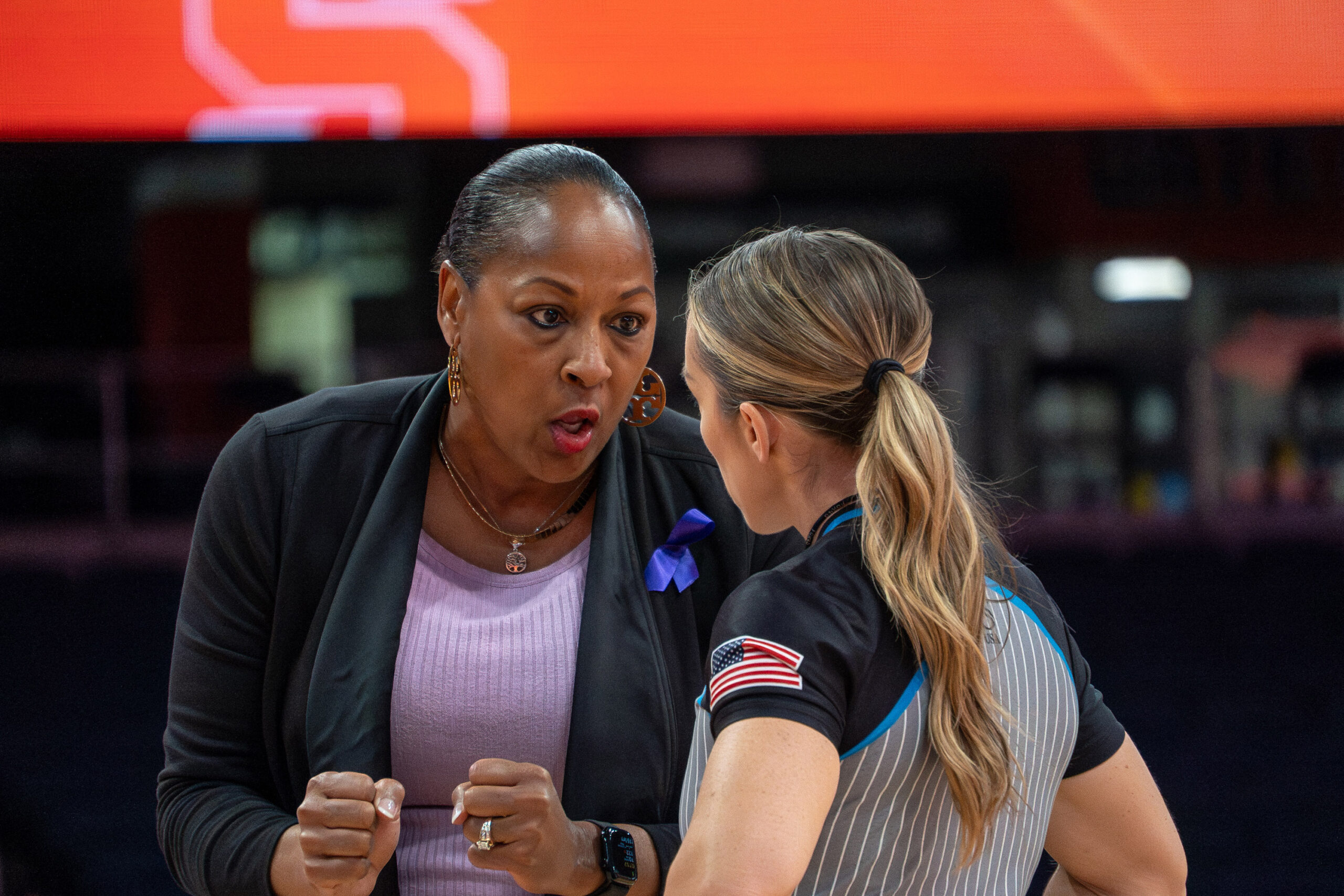 Syracuse head coach Felisha Legette-Jack gets frustrated with the officials after multiple calls go Virginia Tech's way at the JMA Wireless Dome on Thursday, Jan. 8, 2026.