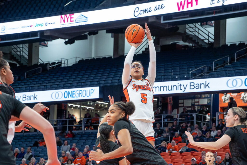 Syracuse guard Laila Phelia shoots a pull-up jumper against Virginia Tech at the JMA Wireless Dome on Thursday, Jan. 8, 2026.