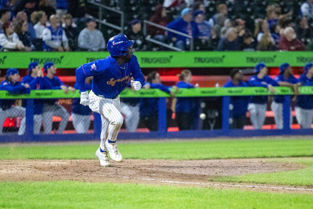Syracuse centerfielder D'Andre Smith watches as his walk-off home run sails into the outfield during the Mets' 5-4 win over the Lehigh Valley IronPigs on Sept. 19, 2026, at NBT Bank Stadium.