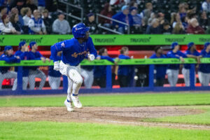 Syracuse centerfielder D'Andre Smith watches as his walk-off home run sails into the outfield during the Mets' 5-4 win over the Lehigh Valley IronPigs on Sept. 19, 2026, at NBT Bank Stadium.