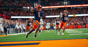 Syracuse wide receiver Demetres Samuel Jr. #1 runs into the endzone during an NCAA college football game against California on September 12th 2026 at the JMA Wireless Dome in Syracuse, N.Y.