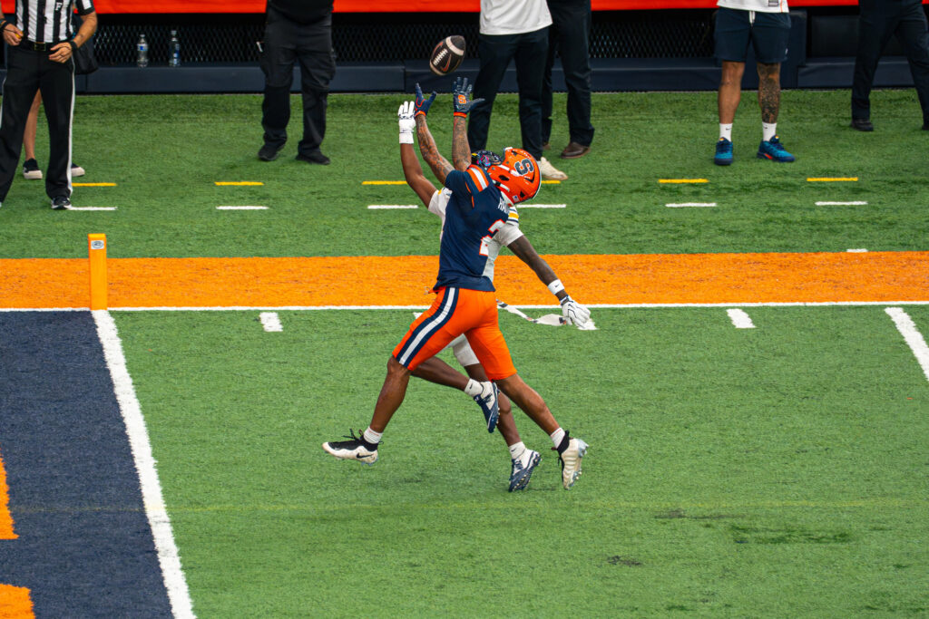 Syracuse wide receiver Umari Hatcher #2 catches the ball during an NCAA college football game against the California Golden Bears on Sept. 12, 2026, in the JMA Wireless Dome.
