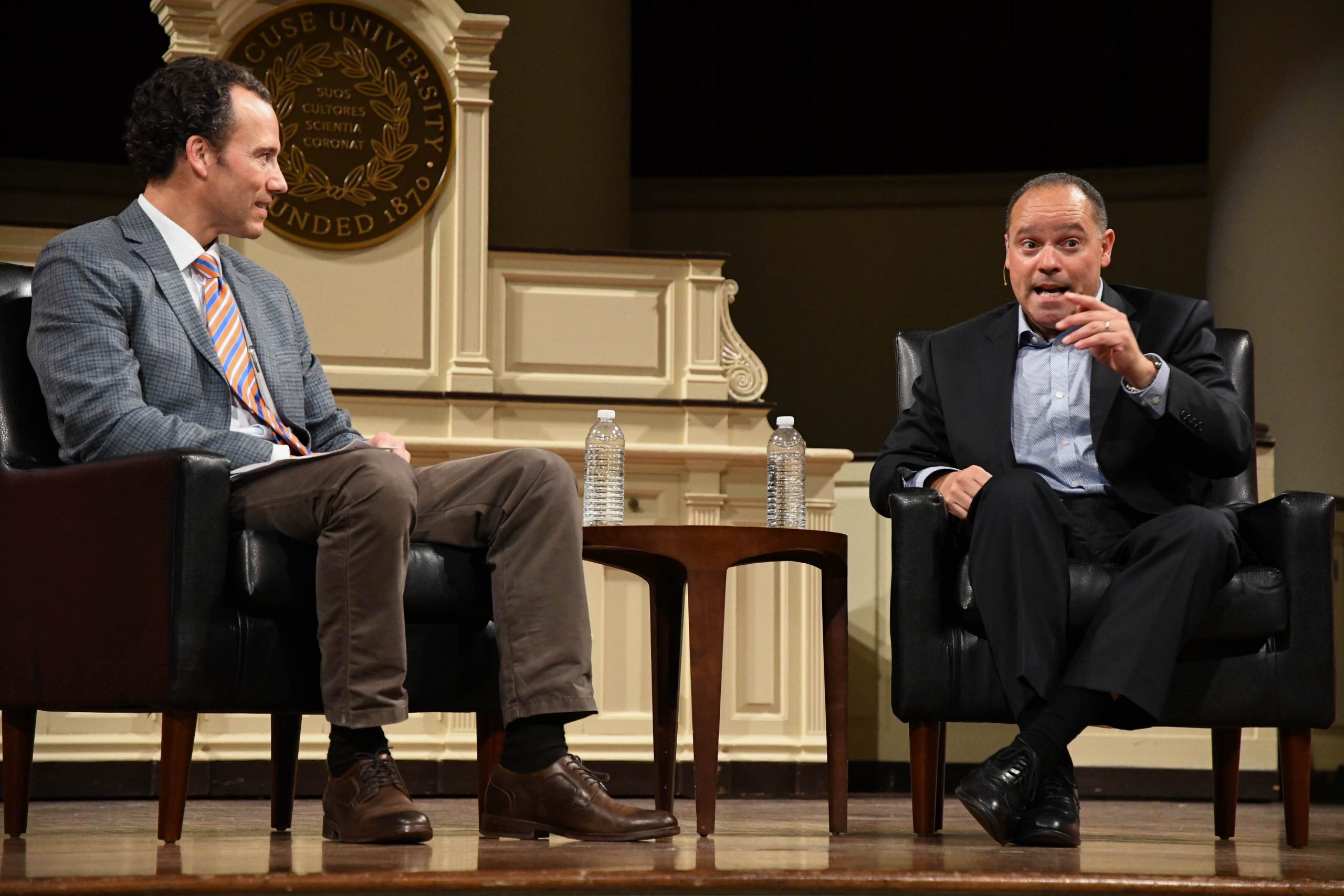 Broadcast & Digital Journalism professor Simon Perez asks Marcus Solis questions about the media industry at Hendricks Chapel on Tuesday.