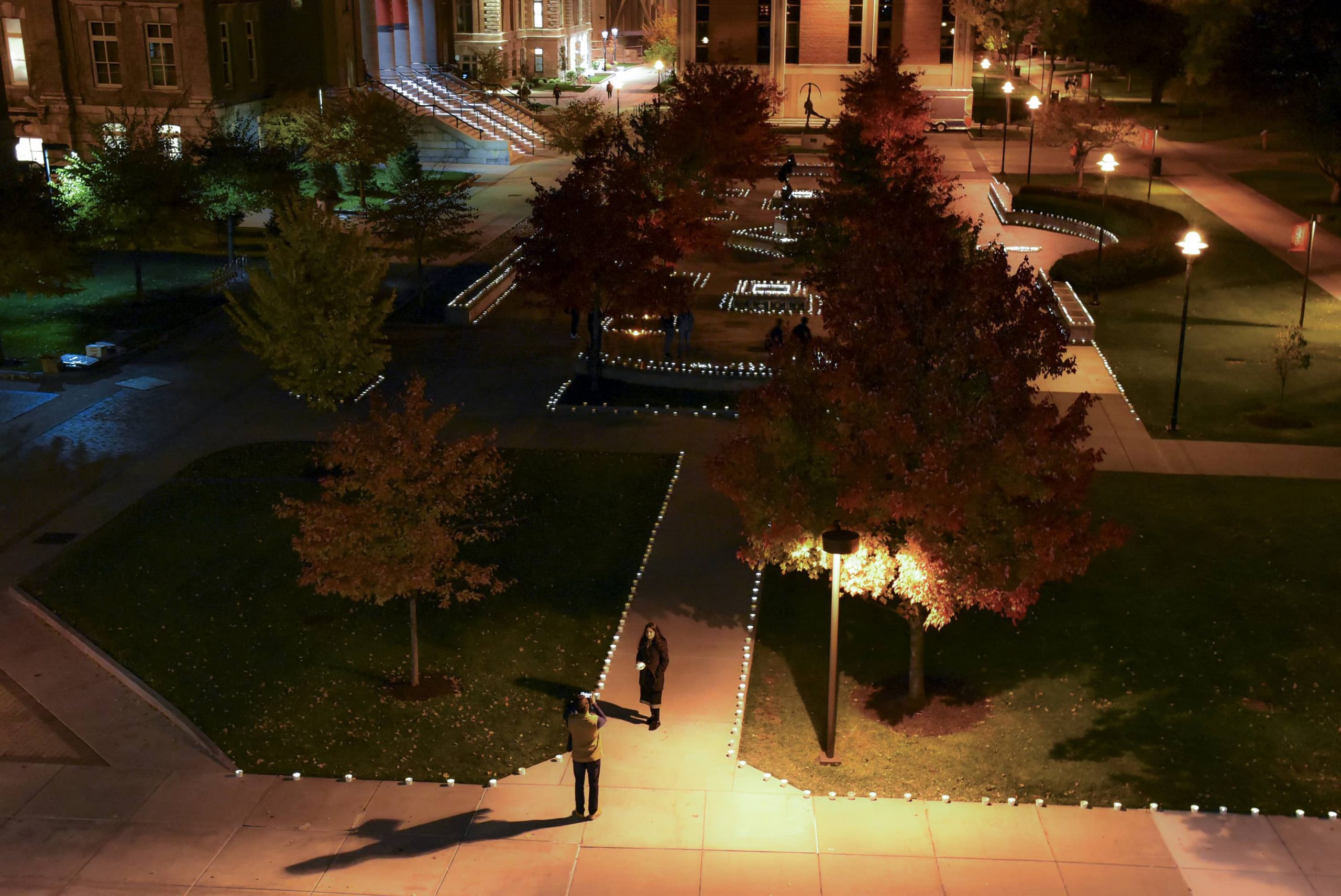 Overhead view of luminaries at the Orange Grove for Diwali 2019 at Syracuse University