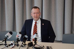 SU Vice Chancellor Michael Haynie announces on March 10 that classes will move to online learning through March 30, 2020, because of coronavirus concerns.