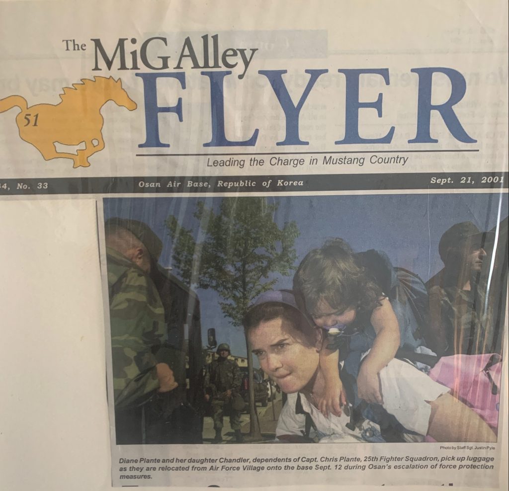In 2001, the author Chandler Plante and her family were relocated while Plante's father served in Korea, as shown in this newspaper clipping.