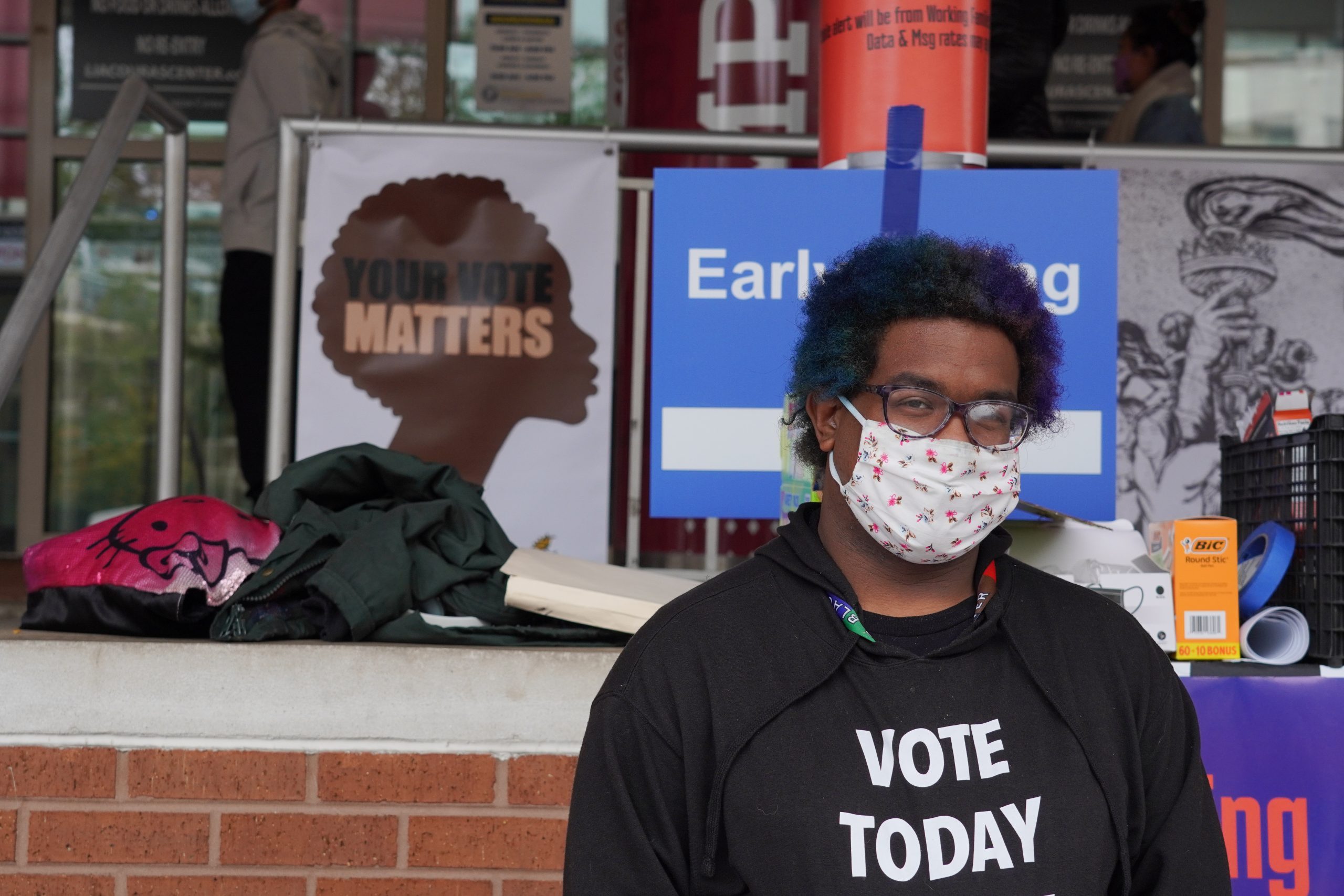 Mykayla, a volunteer for the Working Families Party tables at the entrance of Temple University's Liacouras Center in Philadelphia, Penn., on October 26, 2020.