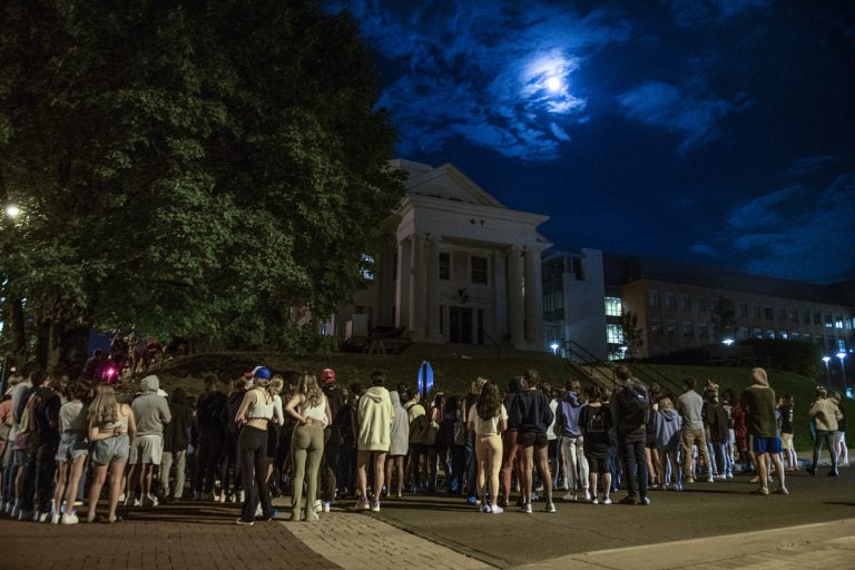 A group of students gathered tonight to protest recent allegations of sexual misconduct by Syracuse University affiliated fraternities. The gathering began around 9 p.m. Tuesday, and dispersed at roughly 11 PM.