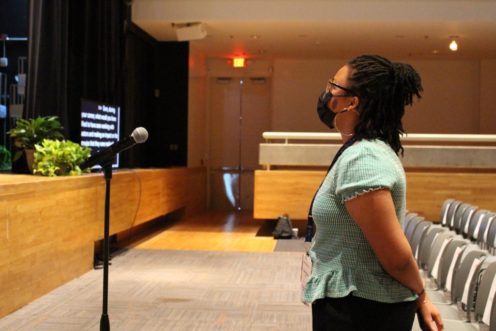 Syracuse University senior Cameron Gray asks a question at a Coming Back Together lecture featuring actress Rita Moreno on Thursday, September 9, 2021 in SU’s Goldstein Auditorium. Coming Back Together (CBT) started in 1983 as a way to bring Black and Latino/a SU alumni together every three years to celebrate achievements and stay connected with the University. The theme of this year’s reunion is “Celebrating 151 Years of Black and Latino/a Excellence at SU”.